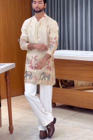 Embroidered Festive Men’s Kurta with Trouser Set