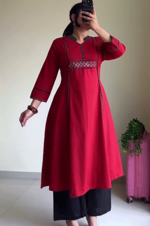 ❤️ Elegant Crimson Charm A-Line Kurta with Statement Embroidery & Classic Black Palazzo Set for Women ❤️
