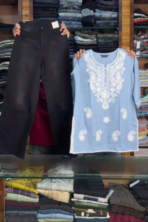 ✨ Elegant Fusion Outfit: Embroidered Kurti with Trendy Flared Denim Jeans ✨