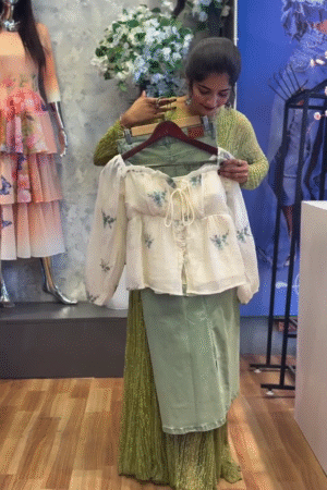 🌿 Dreamy Pastel Bloom Co-Ord Set – Embroidered Off-Shoulder Top with Mint Midi Skirt 🌸