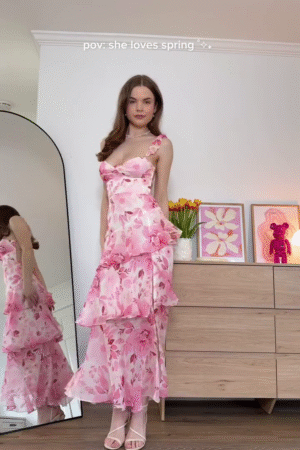 🌸🌺 Romantic Blush Pink Floral Ruffle Maxi Dress - Sheer Chiffon Elegance with Spaghetti Straps & Tiered Layers for Spring Vibes! 👗✨💕