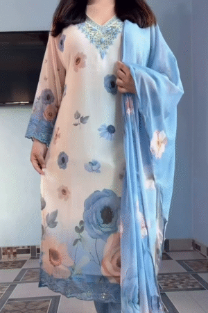 🌸✨ Exquisite Peach & Blue Anemone Floral Printed Georgette Salwar Kameez Suit with Silver Zari Neck Embroidery, Lace Sleeve Borders & Matching Blue Dupatta - Elegant Pakistani Ethnic Wear for Weddings, Eid & Festive Celebrations! 👗🌺💙