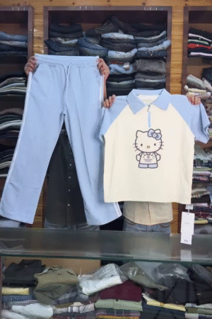 💙 Cute Kitty Co-Ord Set – Pastel Lounge Tee & Track Pant Combo 🐱✨