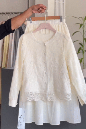 🤍✨ Elegant Pearl Glow Co-Ord Set – Luxe Embroidered Top & Flowy Skirt Duo 💫👗