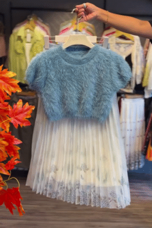 🩵✨ Frosted Dream Flare Dress – Soft Fur Top with Flowing Mesh Elegance 🌬️👗