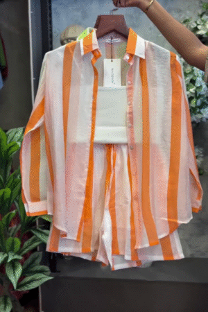 🍊✨ Citrus Breeze 3-Piece Co-Ord Set – Striped Shirt, Inner Top & Shorts Combo 🌿💛