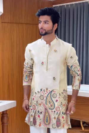 Ivory Regal Hand Embellished Premium Celebration Kurta Ensemble π€β¨