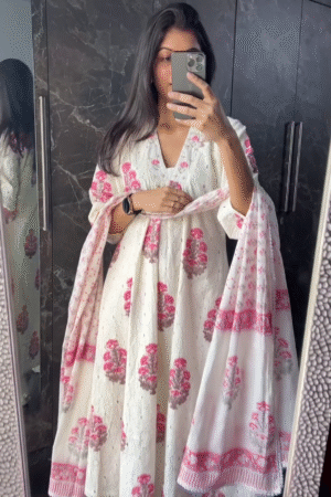 Elegant Women’s Floral Anarkali Suit Set 🌷✨ | Cotton Embroidered Kurta with Dupatta & Bottom | Ethnic Party & Festive Wear | XS to XXL