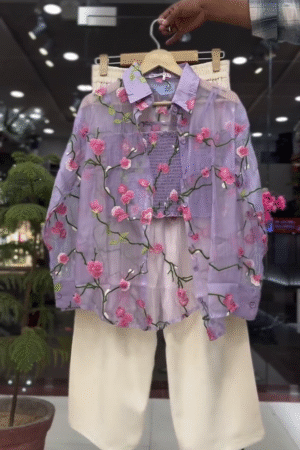 Elegant Olive Green Floral Embroidered Sheer Jacket with Premium White Wide-Leg Pants Co-Ord Set 🌿🌸✨