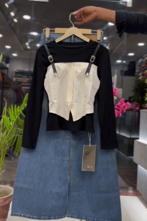 Modern Black Full Sleeve Top with White Corset Style Detail and Premium Denim Midi Skirt Set 🖤🤍👗✨