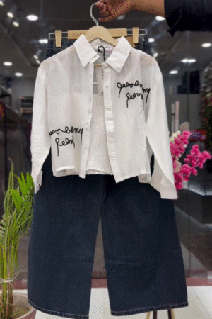 Elegant Sky Blue Embroidered Oversized Shirt with Smocked Inner Top and Dark Denim Wide-Leg Pants Set 💙✨👖