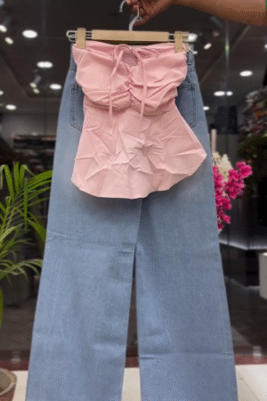 🌸 Blush Pink Ruched Tube Top with Light Wash Wide-Leg Denim Co-ord Set 👖✨