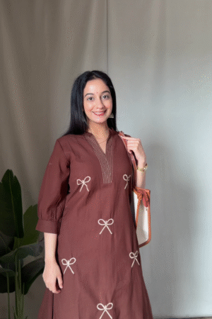 π€ Elegant Cocoa Bow Embroidered Ethnic Kurti Dress for Women β¨πΈ