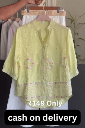 Womenβs Premium Pastel Lime Embroidered Button-Down Ethnic Shirt Top with Elegant White Palazzo Pants Co-Ord Set