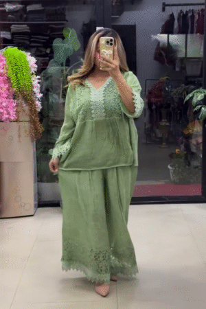 β¨ Luxury Sage Green Embroidered Two Piece Co-Ord Set with Lace Detailing, Relaxed Tunic Top & Flowing Palazzo Pants for Elegant Ethnic Fusion Style ππΏβ¨
