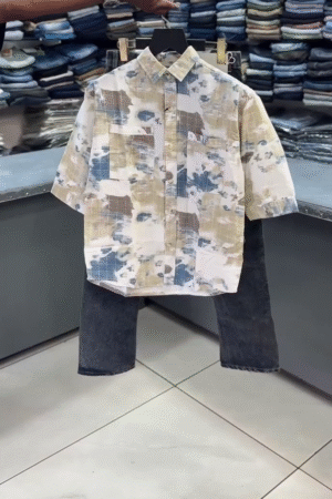 ✨ Premium Boys Abstract Print Casual Shirt & Classic Denim Jeans Co-Ord Outfit Set with Modern Tailored Fit for Smart Everyday Fashion 🤍💙✨