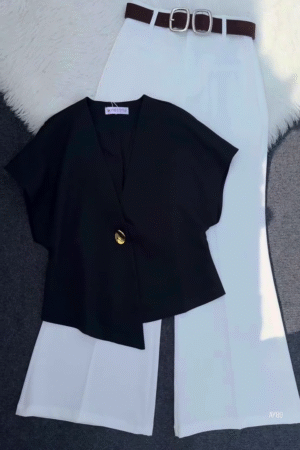 🖤🤍 Women's Elegant Two-Piece Formal Co-Ord Set – Asymmetrical Top & Wide Leg Trouser Outfit 🤍🖤
